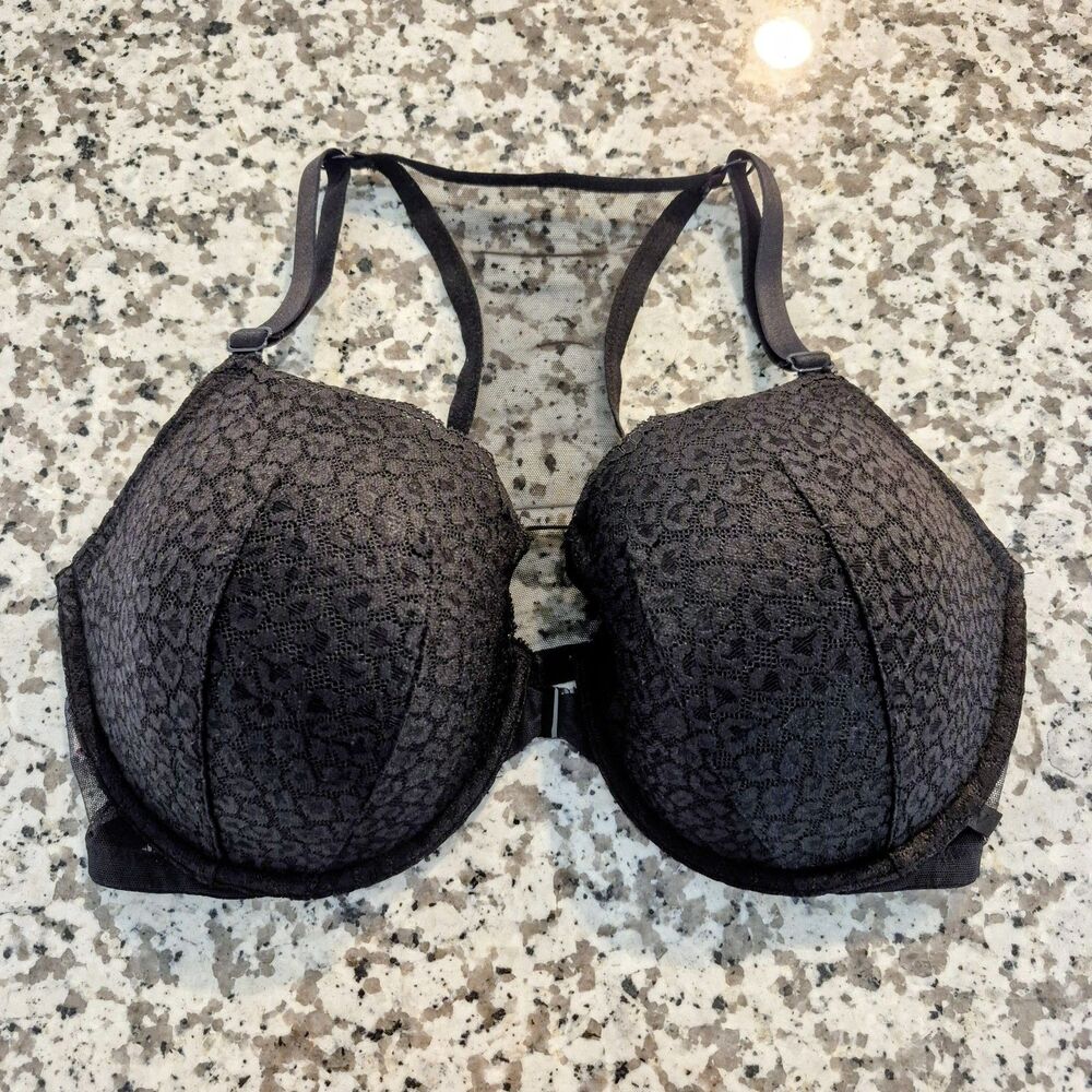 Victoria's Secret Black Leopard Lace Racerback Demi Front Close Underwire 38DD